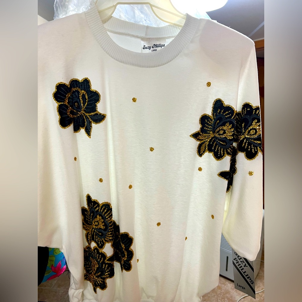 NWT Suzy Phillips Metallic Floral Sweater Dress Sparkle Print (L)